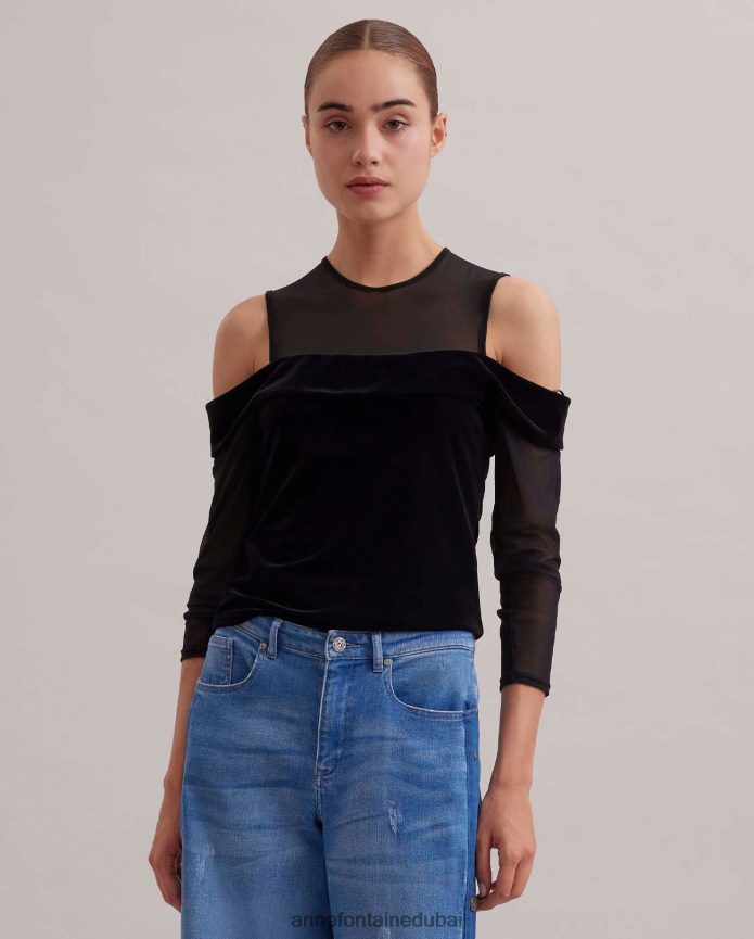 ملابس عبد اللطيف Anne Fontaine نحيف قمة داكنة بأكمام طويلة من المخمل وقمة كتف باردة شفافة أسود T622DL274