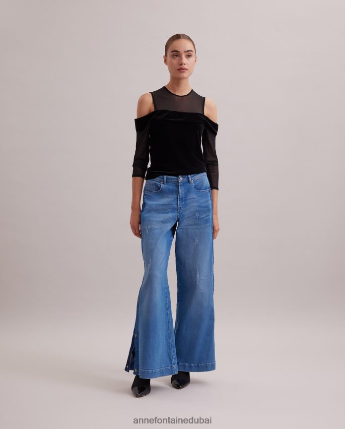 ملابس عبد اللطيف Anne Fontaine نحيف قمة داكنة بأكمام طويلة من المخمل وقمة كتف باردة شفافة أسود T622DL274