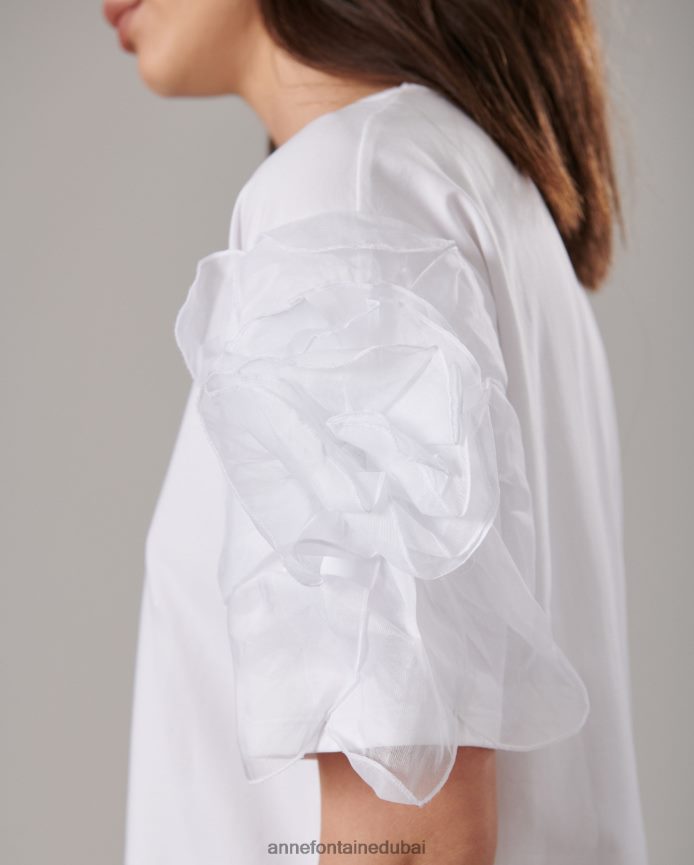 ملابس عبد اللطيف Anne Fontaine نحيف بلوزة كولومبا بياقة واسعة وأكمام زهرية مميزة أبيض T622DL275