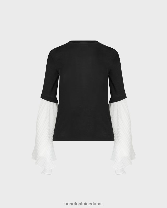 ملابس عبد اللطيف Anne Fontaine نحيف جزء علوي من نسيج فاديت شبه شفاف وأكمام جناح مطوية أسود/أبيض T622DL278