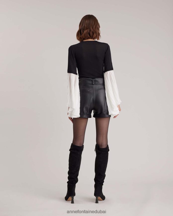 ملابس عبد اللطيف Anne Fontaine نحيف جزء علوي من نسيج فاديت شبه شفاف وأكمام جناح مطوية أسود/أبيض T622DL278