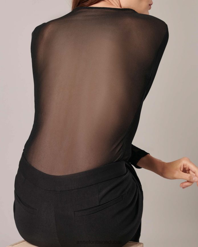 ملابس عبد اللطيف Anne Fontaine نحيف قمة غامضة بأكمام طويلة وشبكة شفافة أسود T622DL282