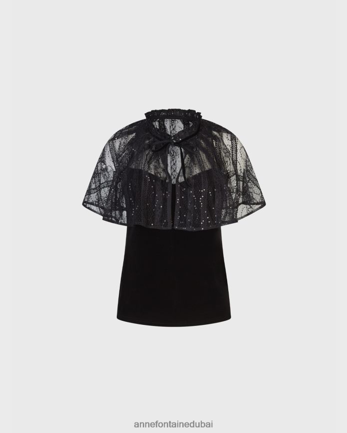 ملابس عبد اللطيف Anne Fontaine نحيف قميص علوي مخملي على الطراز القوطي مع غطاء رأس من الدانتيل الشفاف المرفق أسود T622DL285