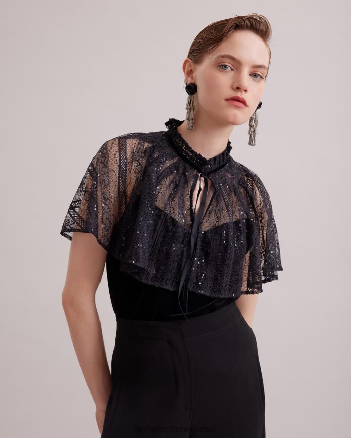 ملابس عبد اللطيف Anne Fontaine نحيف قميص علوي مخملي على الطراز القوطي مع غطاء رأس من الدانتيل الشفاف المرفق أسود T622DL285