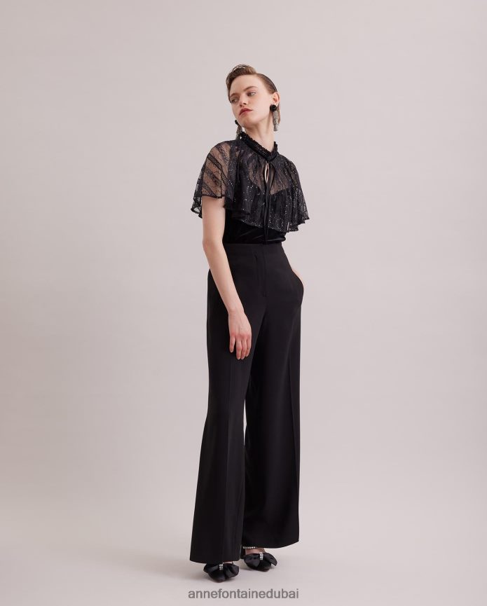ملابس عبد اللطيف Anne Fontaine نحيف قميص علوي مخملي على الطراز القوطي مع غطاء رأس من الدانتيل الشفاف المرفق أسود T622DL285