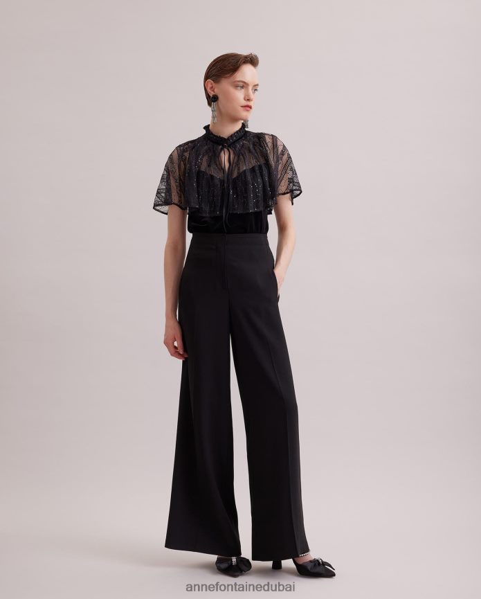 ملابس عبد اللطيف Anne Fontaine نحيف قميص علوي مخملي على الطراز القوطي مع غطاء رأس من الدانتيل الشفاف المرفق أسود T622DL285