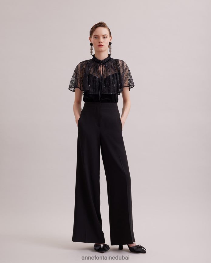ملابس عبد اللطيف Anne Fontaine نحيف قميص علوي مخملي على الطراز القوطي مع غطاء رأس من الدانتيل الشفاف المرفق أسود T622DL285
