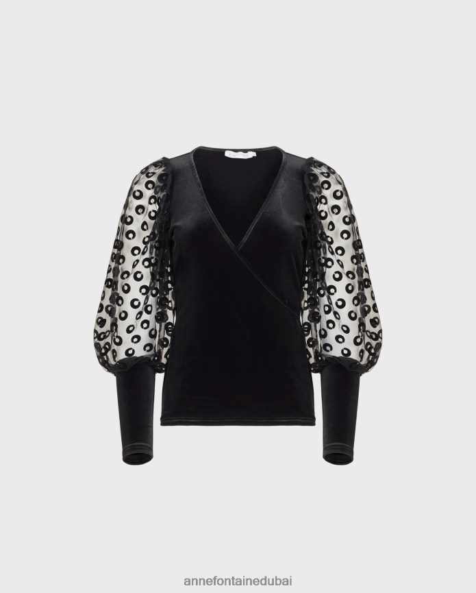 ملابس عبد اللطيف Anne Fontaine نحيف توب ملكي مخملي ملفوف بأكمام ضخمة شفافة مطرزة بدوائر مخملية أسود T622DL286