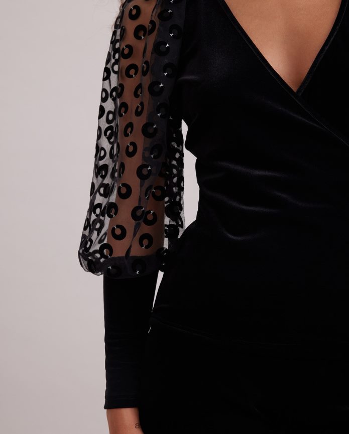 ملابس عبد اللطيف Anne Fontaine نحيف توب ملكي مخملي ملفوف بأكمام ضخمة شفافة مطرزة بدوائر مخملية أسود T622DL286