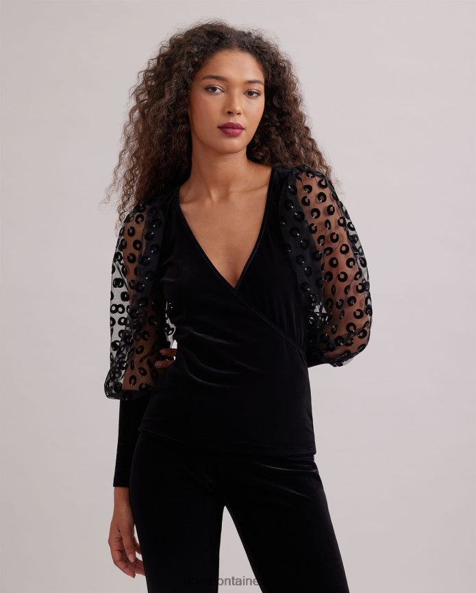 ملابس عبد اللطيف Anne Fontaine نحيف توب ملكي مخملي ملفوف بأكمام ضخمة شفافة مطرزة بدوائر مخملية أسود T622DL286