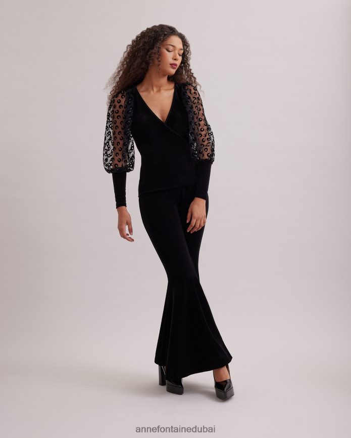 ملابس عبد اللطيف Anne Fontaine نحيف توب ملكي مخملي ملفوف بأكمام ضخمة شفافة مطرزة بدوائر مخملية أسود T622DL286