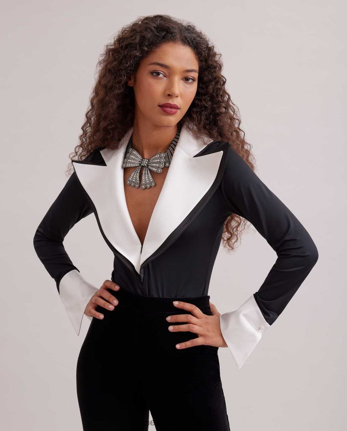 ملابس عبد اللطيف Anne Fontaine نحيف بدلة قطعة واحدة بولار مع طية صدر كبيرة وأساور فرنسية أسود/أبيض T622DL287