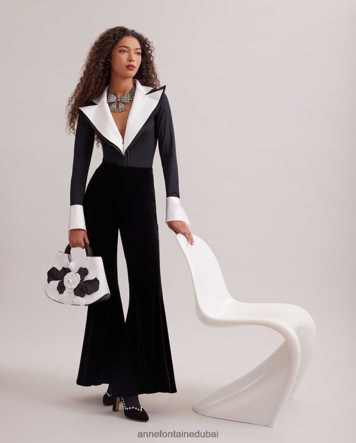 ملابس عبد اللطيف Anne Fontaine نحيف بدلة قطعة واحدة بولار مع طية صدر كبيرة وأساور فرنسية أسود/أبيض T622DL287