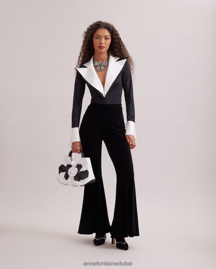 ملابس عبد اللطيف Anne Fontaine نحيف بدلة قطعة واحدة بولار مع طية صدر كبيرة وأساور فرنسية أسود/أبيض T622DL287