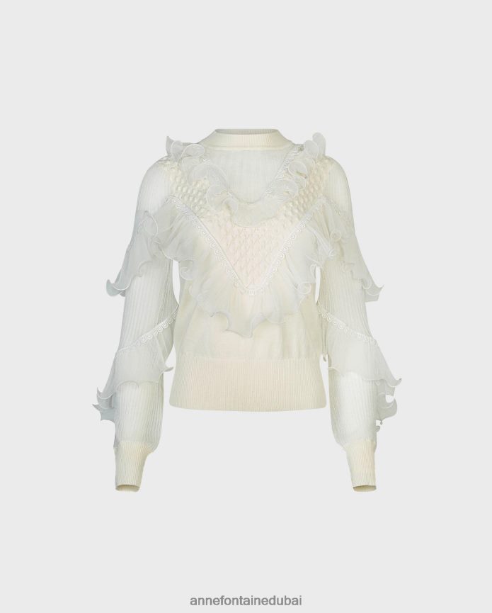 ملابس عبد اللطيف Anne Fontaine نحيف قميص بأكمام طويلة متماسكة مع تفاصيل شفافة وكشكشة متتالية أبيض T622DL288