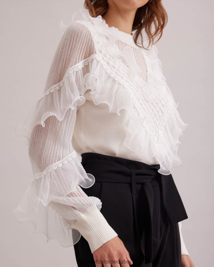 ملابس عبد اللطيف Anne Fontaine نحيف قميص بأكمام طويلة متماسكة مع تفاصيل شفافة وكشكشة متتالية أبيض T622DL288