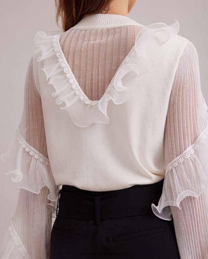 ملابس عبد اللطيف Anne Fontaine نحيف قميص بأكمام طويلة متماسكة مع تفاصيل شفافة وكشكشة متتالية أبيض T622DL288