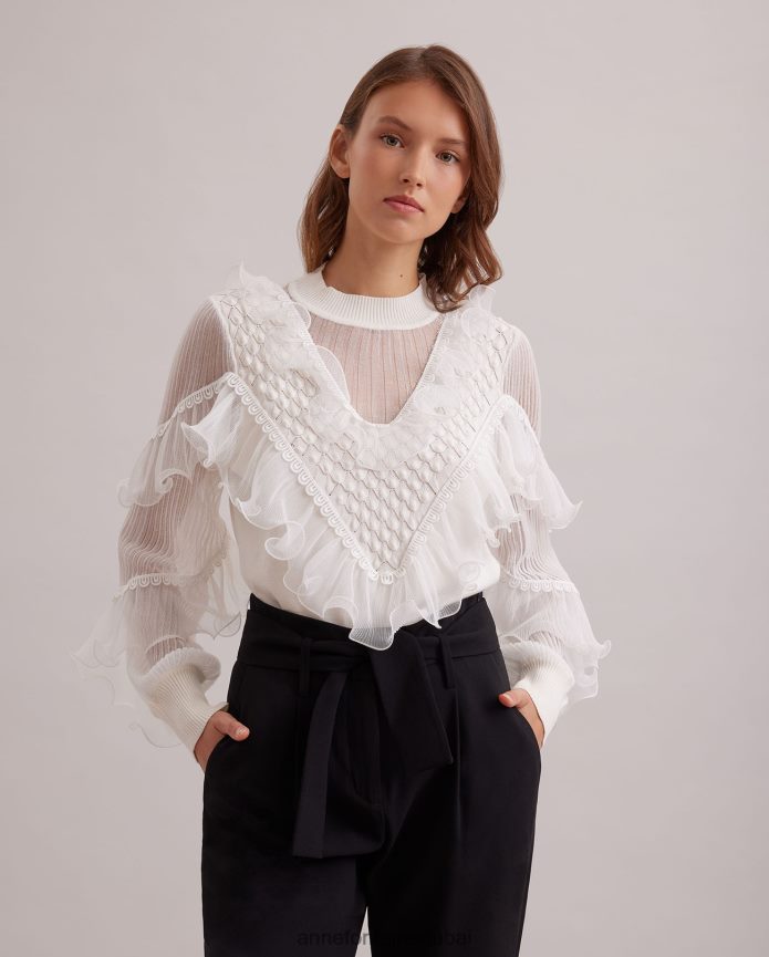 ملابس عبد اللطيف Anne Fontaine نحيف قميص بأكمام طويلة متماسكة مع تفاصيل شفافة وكشكشة متتالية أبيض T622DL288