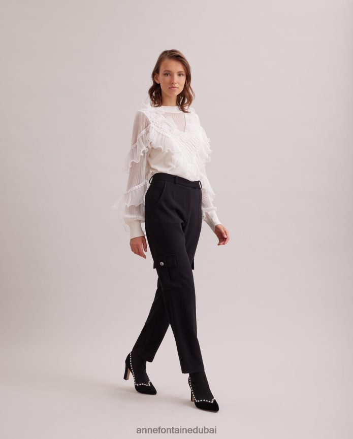 ملابس عبد اللطيف Anne Fontaine نحيف قميص بأكمام طويلة متماسكة مع تفاصيل شفافة وكشكشة متتالية أبيض T622DL288