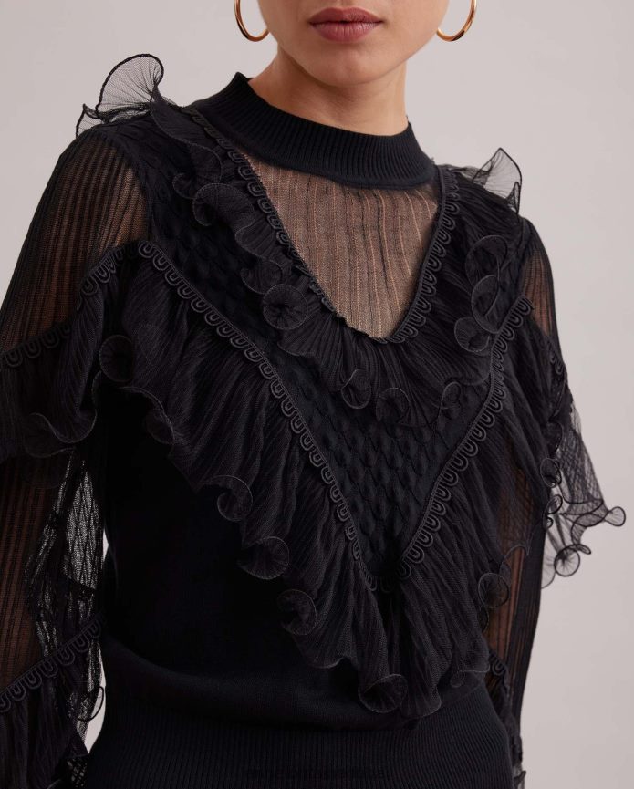 ملابس عبد اللطيف Anne Fontaine نحيف قميص بأكمام طويلة متماسكة مع تفاصيل شفافة وكشكشة متتالية أسود T622DL289