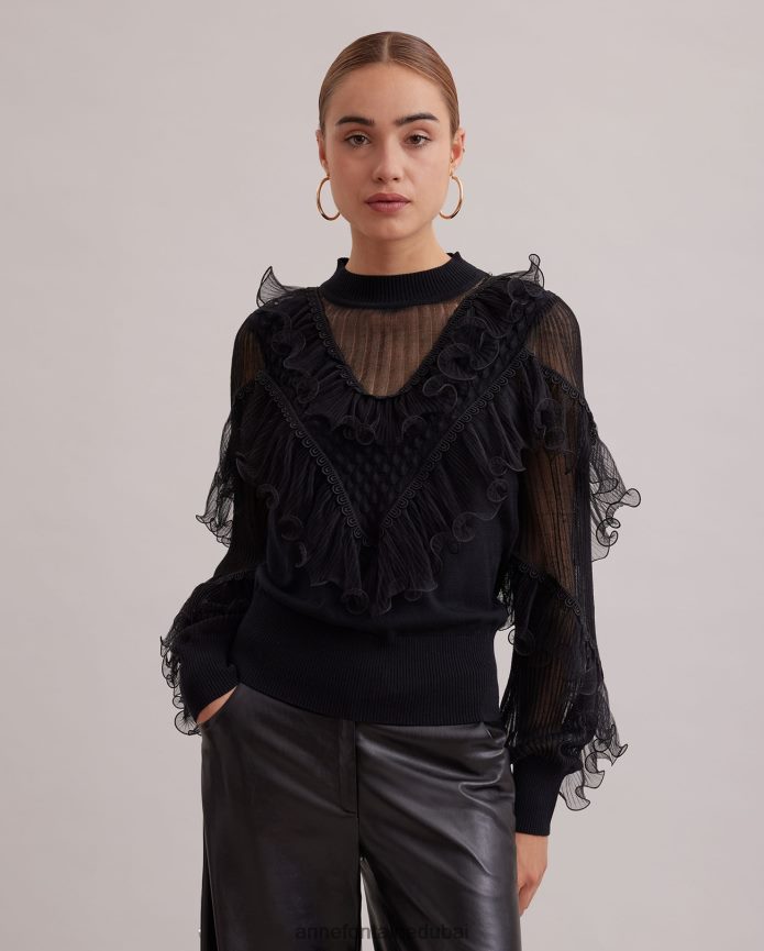 ملابس عبد اللطيف Anne Fontaine نحيف قميص بأكمام طويلة متماسكة مع تفاصيل شفافة وكشكشة متتالية أسود T622DL289