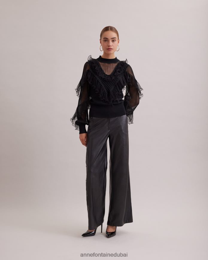 ملابس عبد اللطيف Anne Fontaine نحيف قميص بأكمام طويلة متماسكة مع تفاصيل شفافة وكشكشة متتالية أسود T622DL289