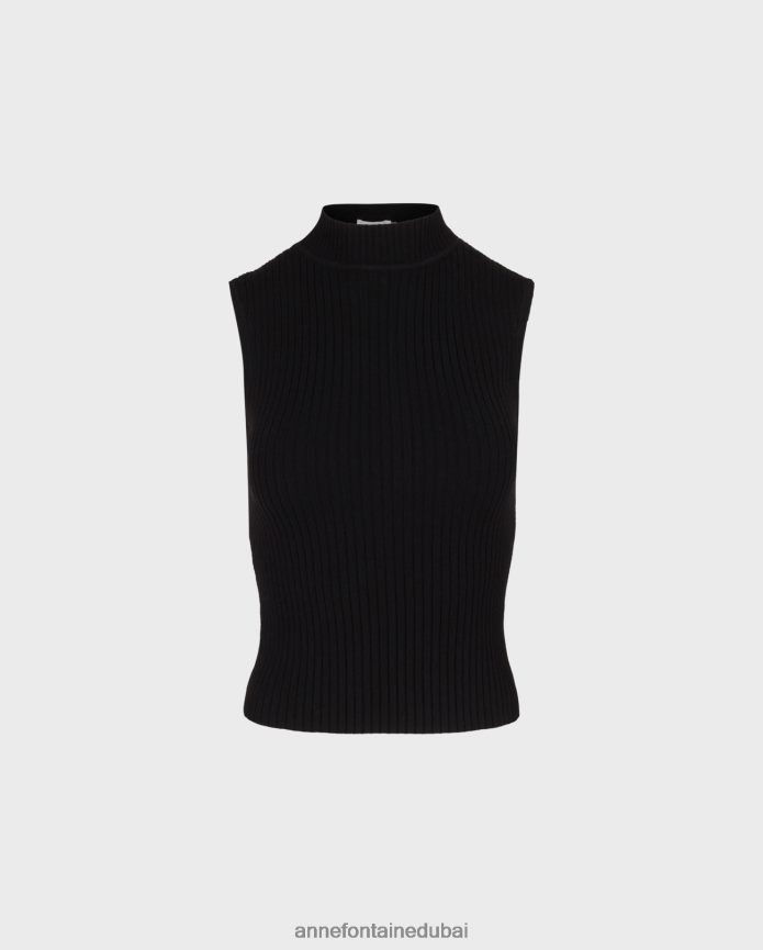 ملابس عبد اللطيف Anne Fontaine نحيف بلوزة منفردة بدون أكمام وياقة مدورة متماسكة أسود T622DL292