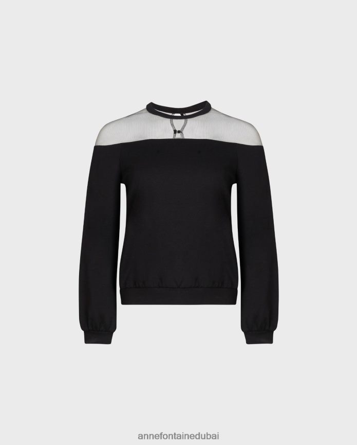 ملابس عبد اللطيف Anne Fontaine نحيف سويت شيرت كالي بأكمام طويلة من قماش التول الشفاف أسود T622DL293