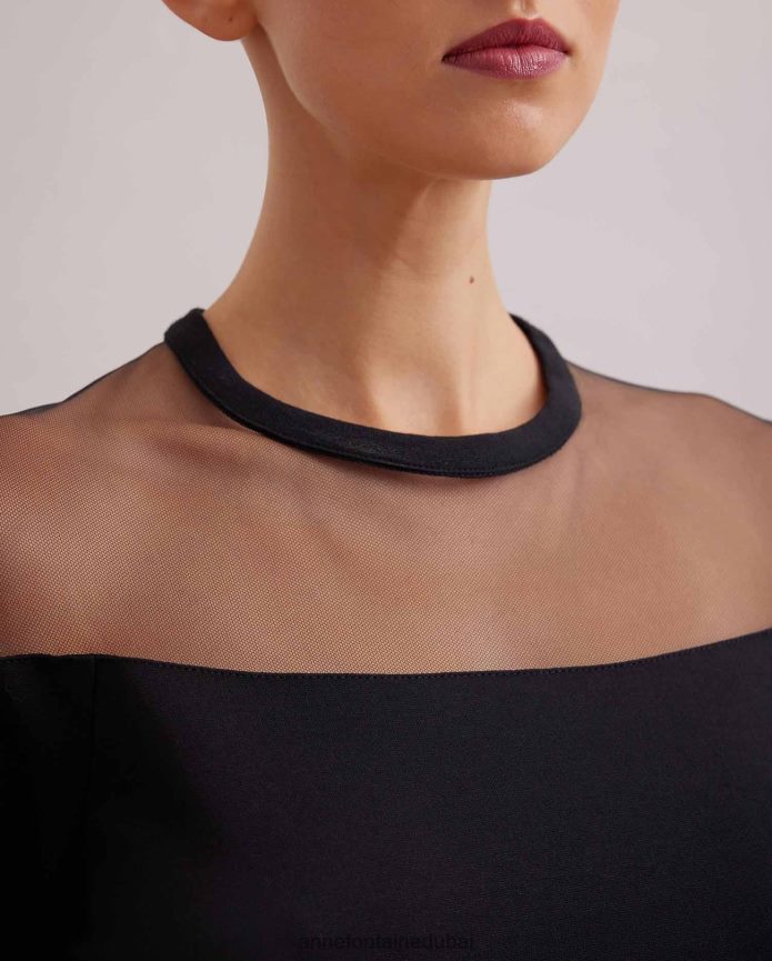 ملابس عبد اللطيف Anne Fontaine نحيف سويت شيرت كالي بأكمام طويلة من قماش التول الشفاف أسود T622DL293