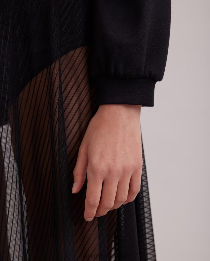 ملابس عبد اللطيف Anne Fontaine نحيف سويت شيرت كالي بأكمام طويلة من قماش التول الشفاف أسود T622DL293