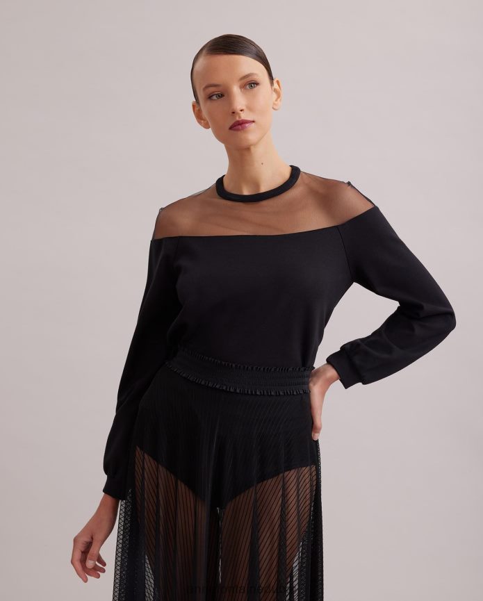 ملابس عبد اللطيف Anne Fontaine نحيف سويت شيرت كالي بأكمام طويلة من قماش التول الشفاف أسود T622DL293