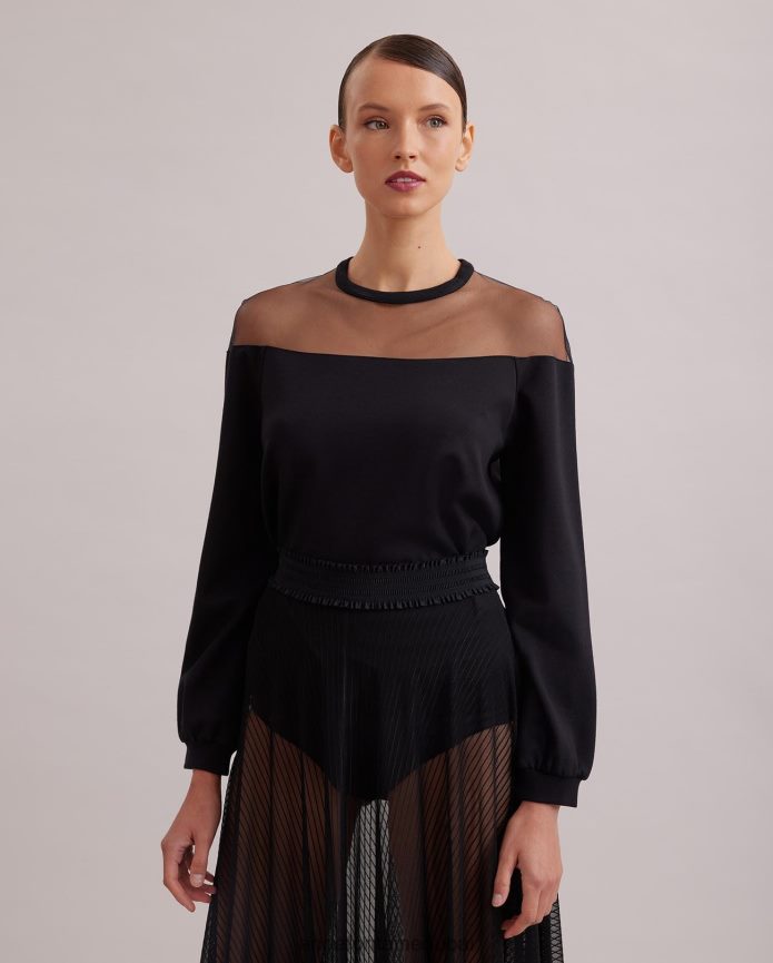 ملابس عبد اللطيف Anne Fontaine نحيف سويت شيرت كالي بأكمام طويلة من قماش التول الشفاف أسود T622DL293