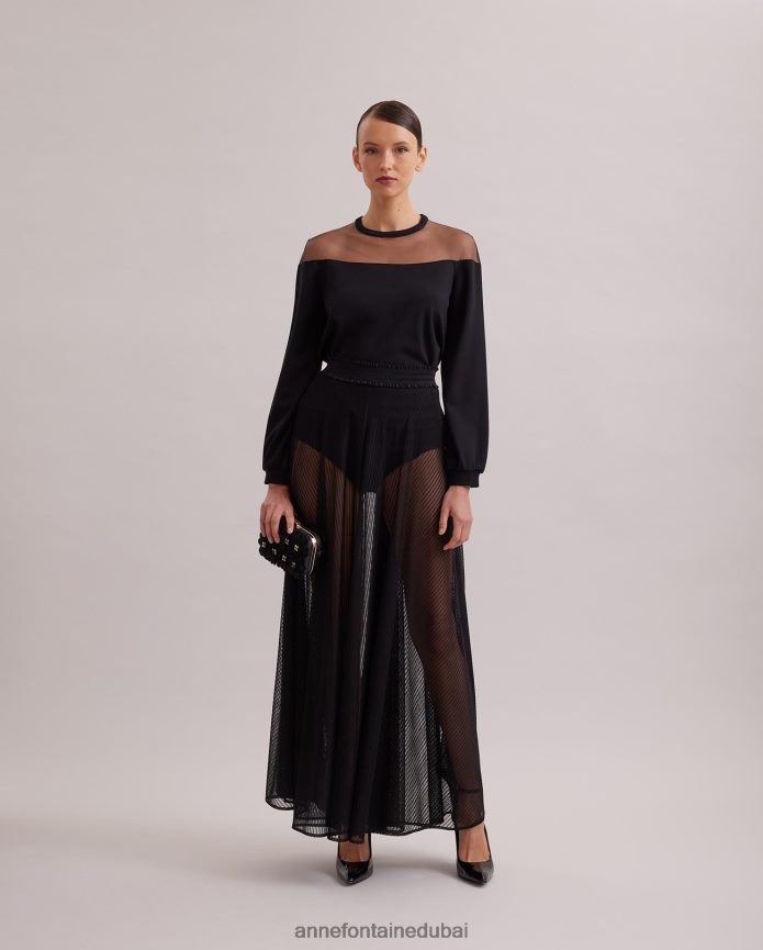 ملابس عبد اللطيف Anne Fontaine نحيف سويت شيرت كالي بأكمام طويلة من قماش التول الشفاف أسود T622DL293