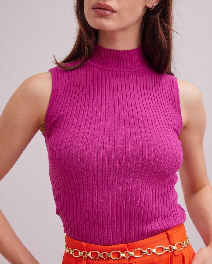 ملابس عبد اللطيف Anne Fontaine نحيف بلوزة منفردة بدون أكمام بياقة مدورة لون القرنفل T622DL296