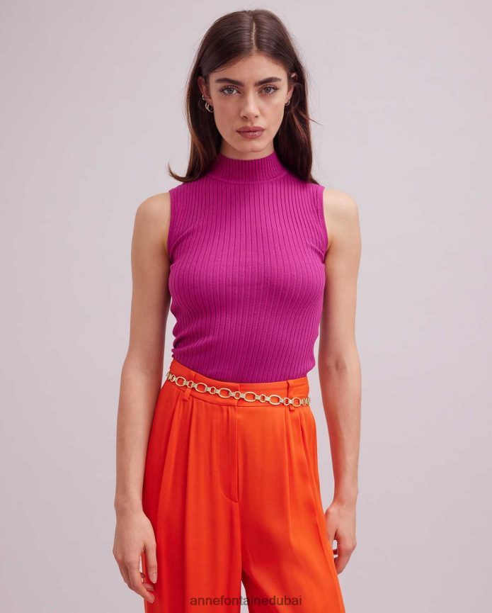 ملابس عبد اللطيف Anne Fontaine نحيف بلوزة منفردة بدون أكمام بياقة مدورة لون القرنفل T622DL296