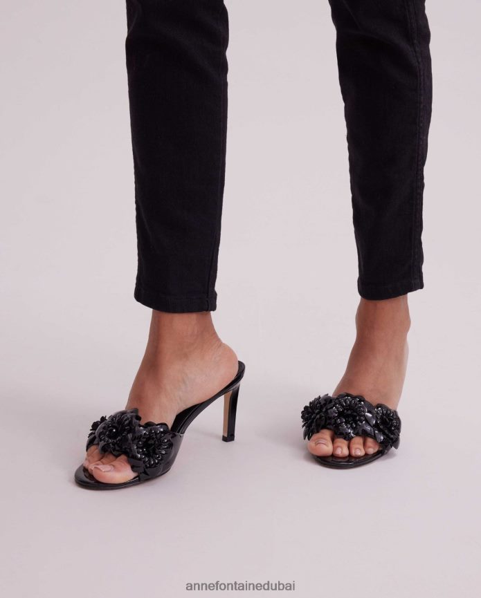 أحذية عبد اللطيف Anne Fontaine نحيف كعب كاميلا مصنوع من الجلد سهل الارتداء مع الزهور أسود T622DL29