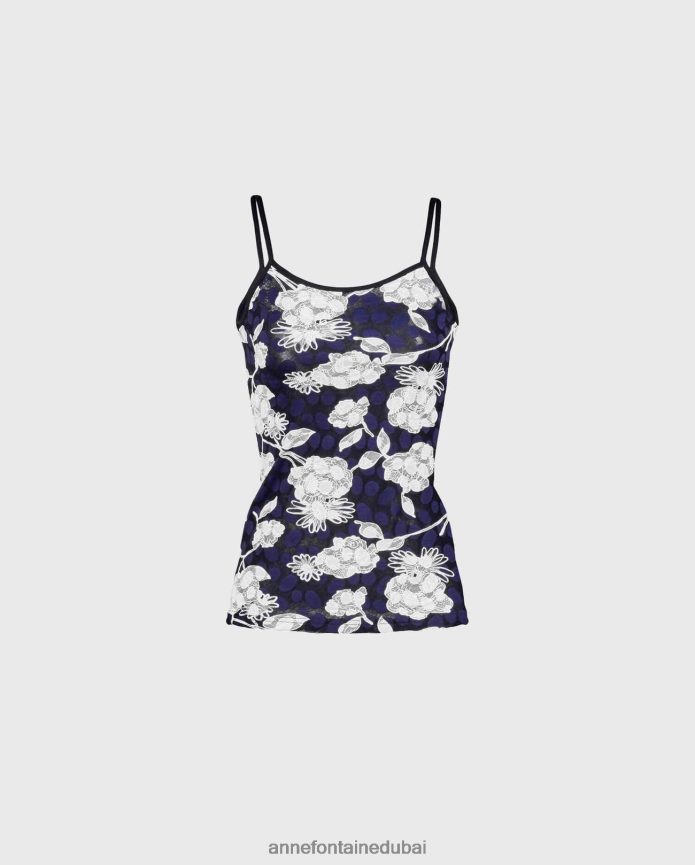 ملابس عبد اللطيف Anne Fontaine نحيف قميص قصير من فانا مصنوع من الدانتيل الزهري مع أشرطة رفيعة أزرق T622DL310