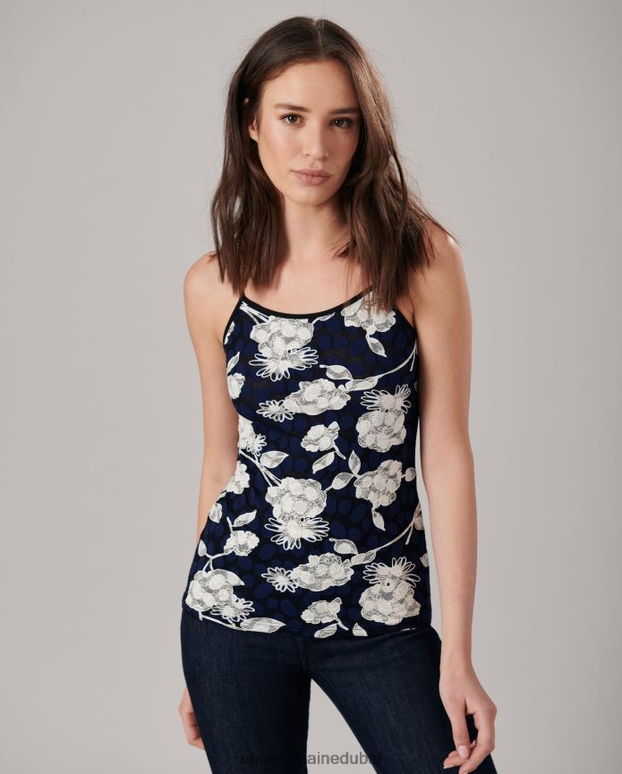 ملابس عبد اللطيف Anne Fontaine نحيف قميص قصير من فانا مصنوع من الدانتيل الزهري مع أشرطة رفيعة أزرق T622DL310