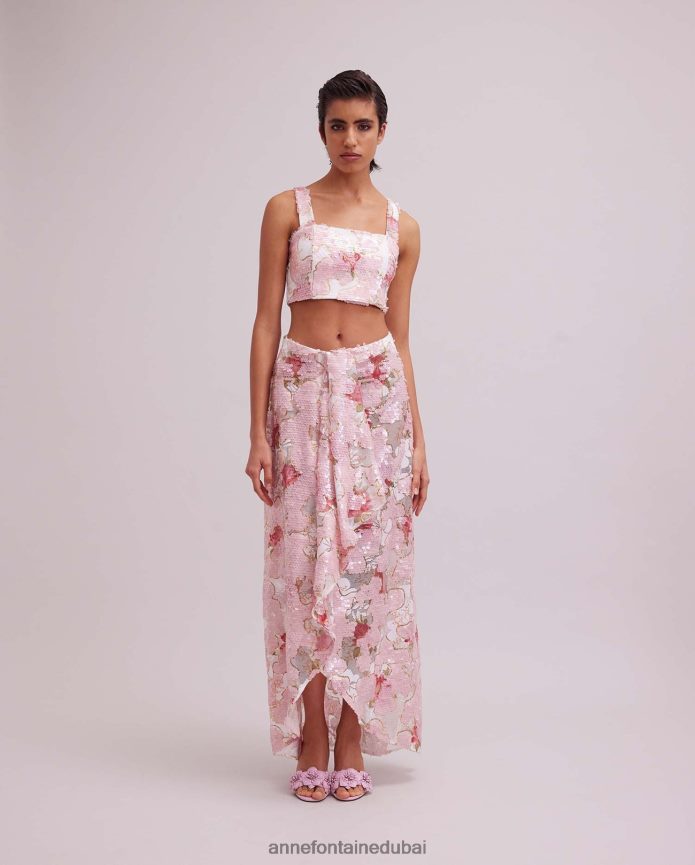 ملابس عبد اللطيف Anne Fontaine نحيف تنورة أنيس وتنورة بنمط وردة من الترتر مع كشكشة متتالية وردي/ذهبي T622DL313