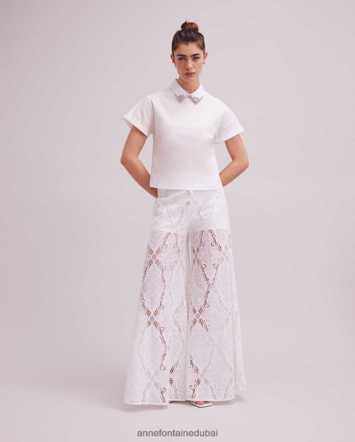 ملابس عبد اللطيف Anne Fontaine نحيف انتيب بانت بانت واسعة الساق العيينة أبيض T622DL319