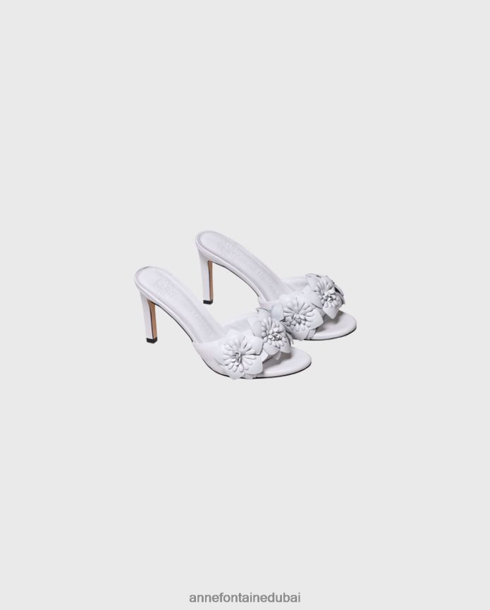 أحذية عبد اللطيف Anne Fontaine نحيف صندل جلدي بكعب البابونج مع زهور ثلاثية الأبعاد أبيض T622DL32