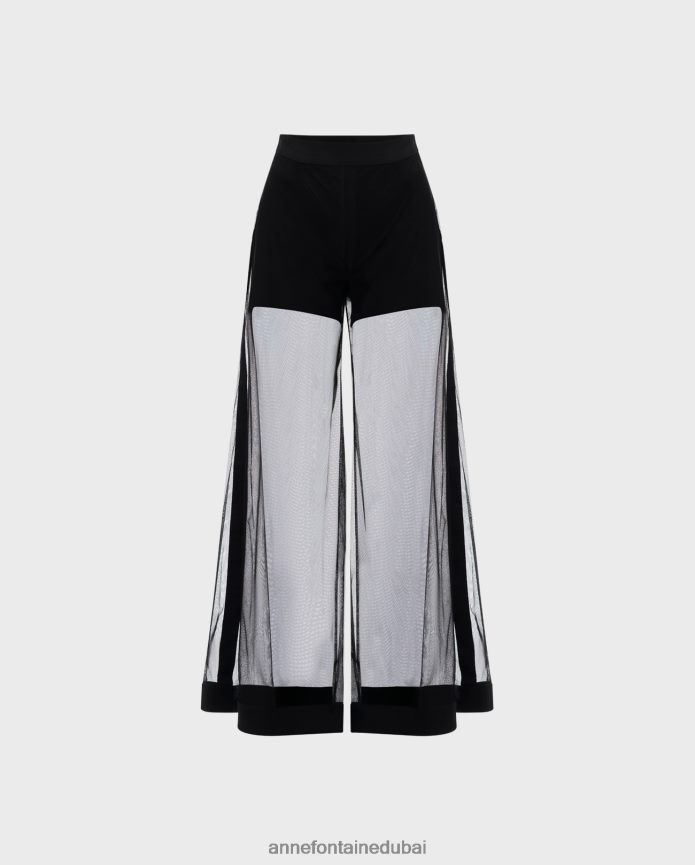 ملابس عبد اللطيف Anne Fontaine نحيف بنطلون كاستيل من الدانتيل المنسوج والمطرز مع تفاصيل البوبلين أسود T622DL320