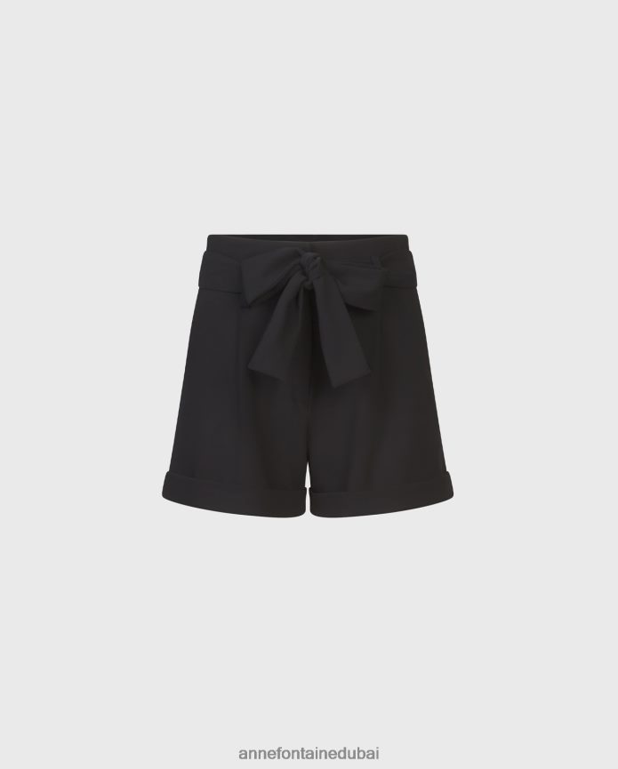 ملابس عبد اللطيف Anne Fontaine نحيف شورت كلاسيكي قصير من الكريب بحاشية ملفوفة وحزام خصر مربوط أسود T622DL328