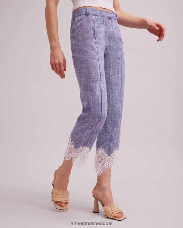 ملابس عبد اللطيف Anne Fontaine نحيف بنطلون فينس من الكتان قصير مع تطريز من الدانتيل أزرق T622DL333