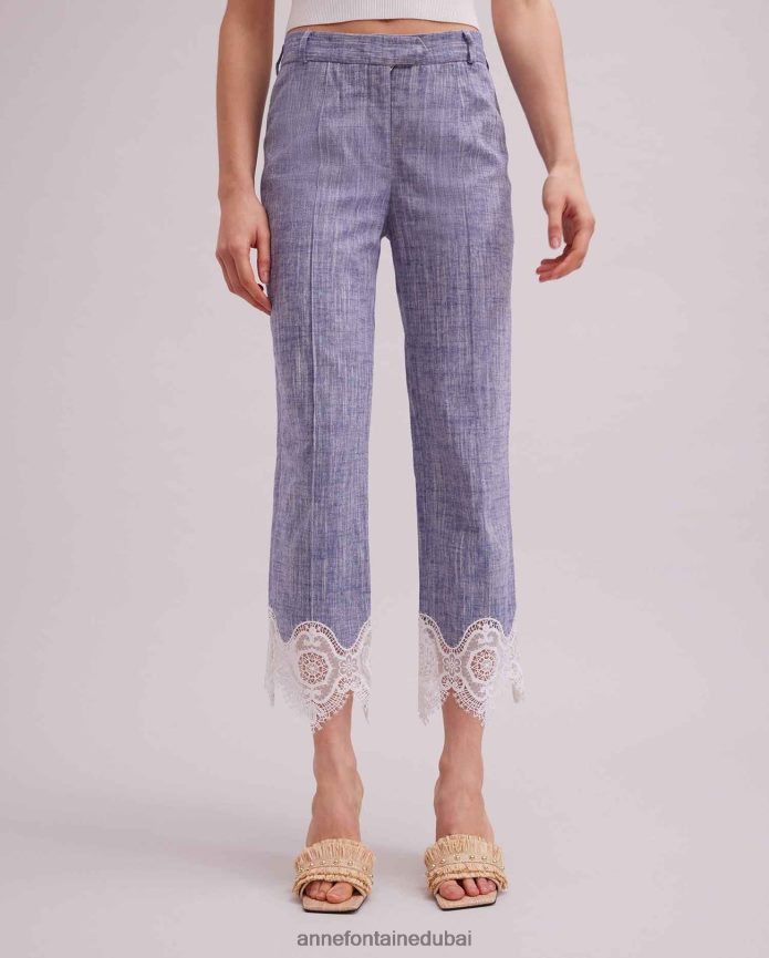 ملابس عبد اللطيف Anne Fontaine نحيف بنطلون فينس من الكتان قصير مع تطريز من الدانتيل أزرق T622DL333