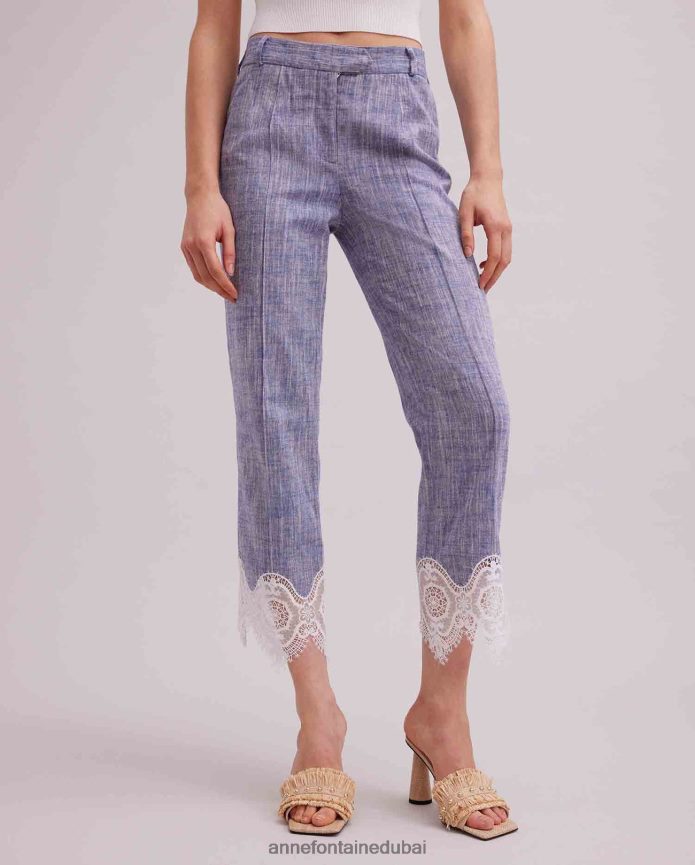 ملابس عبد اللطيف Anne Fontaine نحيف بنطلون فينس من الكتان قصير مع تطريز من الدانتيل أزرق T622DL333