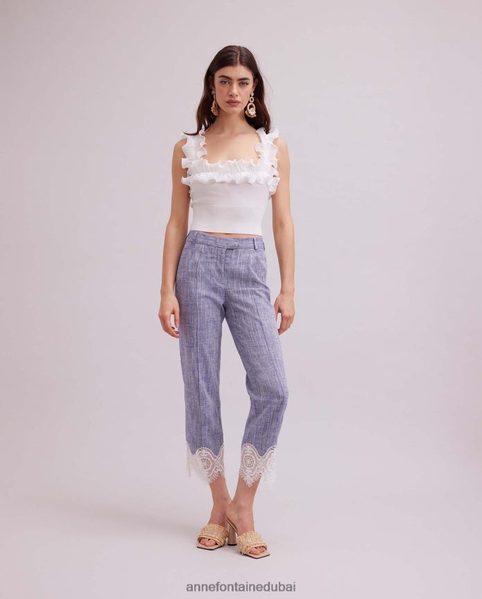 ملابس عبد اللطيف Anne Fontaine نحيف بنطلون فينس من الكتان قصير مع تطريز من الدانتيل أزرق T622DL333