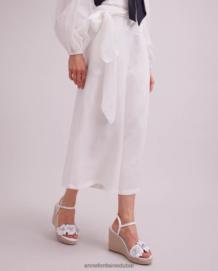 ملابس عبد اللطيف Anne Fontaine نحيف بنطلون كوارتز قصير من الكتان واسع الساق أبيض T622DL335