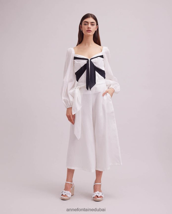 ملابس عبد اللطيف Anne Fontaine نحيف بنطلون كوارتز قصير من الكتان واسع الساق أبيض T622DL335