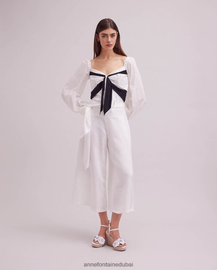 ملابس عبد اللطيف Anne Fontaine نحيف بنطلون كوارتز قصير من الكتان واسع الساق أبيض T622DL335